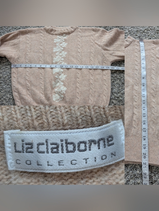 Vintage Liz Claiborne Peach White Floral Knit Wool Blend Sweater M - Picture 8 of 8